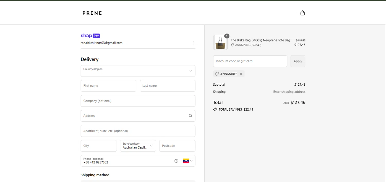 Prene Bags promo code screenshot showing code ANNMAREE applied at Prene Bags checkout page. Uploaded by SimplyCodes community member davisams on Jul 9, 2025