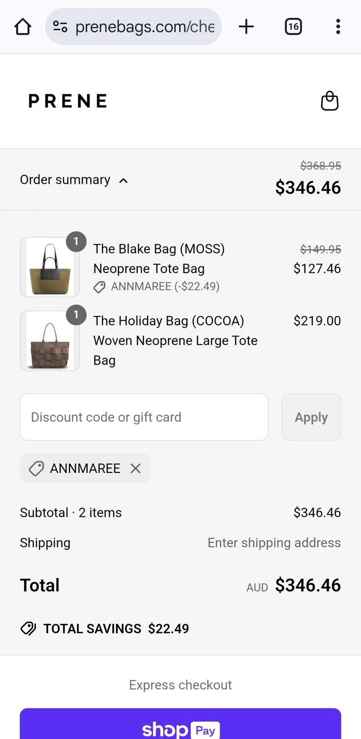 Prene Bags promo code screenshot showing code ANNMAREE applied at Prene Bags checkout page. Uploaded by SimplyCodes community member KarinaHZ on Apr 14, 2025