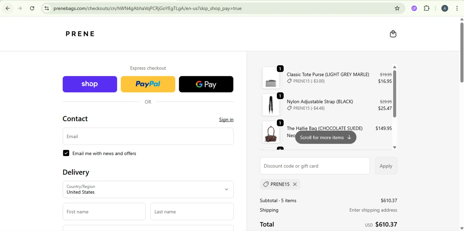Prene Bags promo code screenshot showing code PRENE15 applied at Prene Bags checkout page. Uploaded by SimplyCodes community member SaleSentinel7319 on Oct 29, 2025