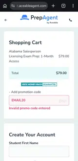 EMAIL20 coupon verification screenshot