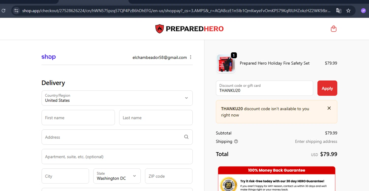 Prepared Hero discount code screenshot showing code THANKU20 applied at Prepared Hero checkout page. Uploaded by SimplyCodes community member ElAuronPlay on Nov 10, 2025