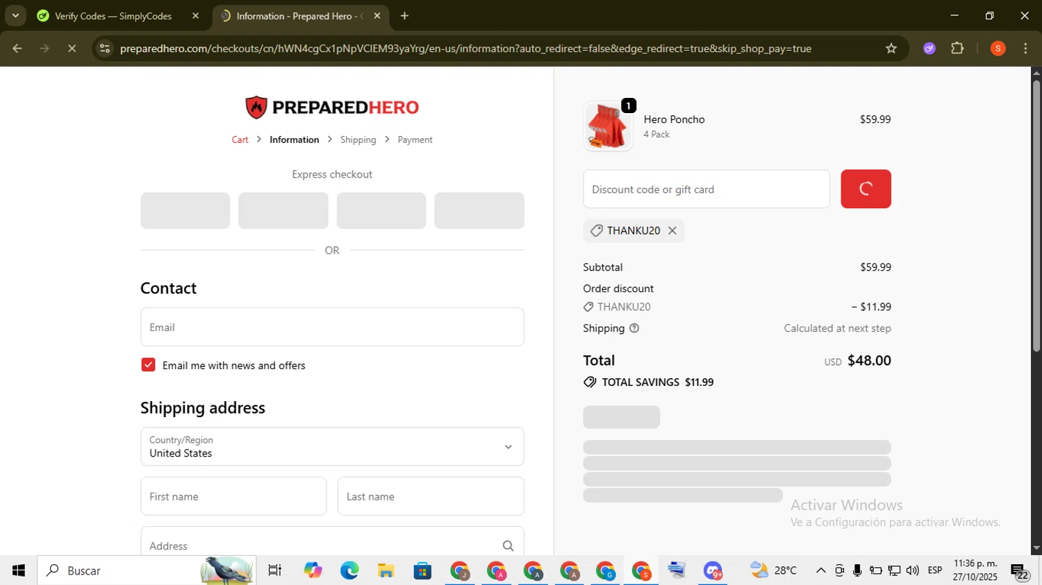 Prepared Hero discount code screenshot showing code THANKU20 applied at Prepared Hero checkout page. Uploaded by SimplyCodes community member ScanKnight8857 on Oct 28, 2025