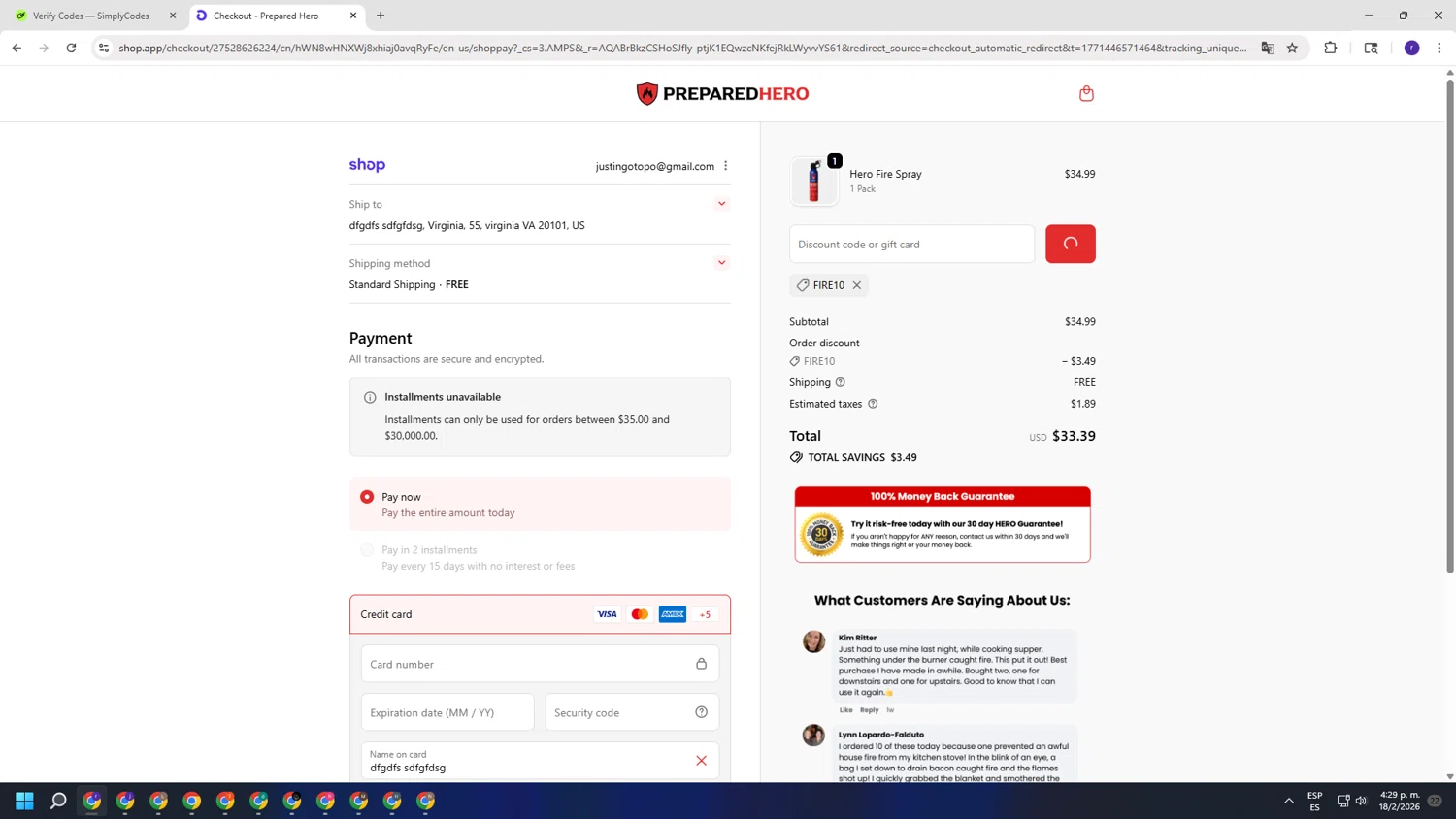 Prepared Hero checkout page showing Prepared Hero discount code box | Screenshot taken by SimplyCodes community member on Feb 18, 2026