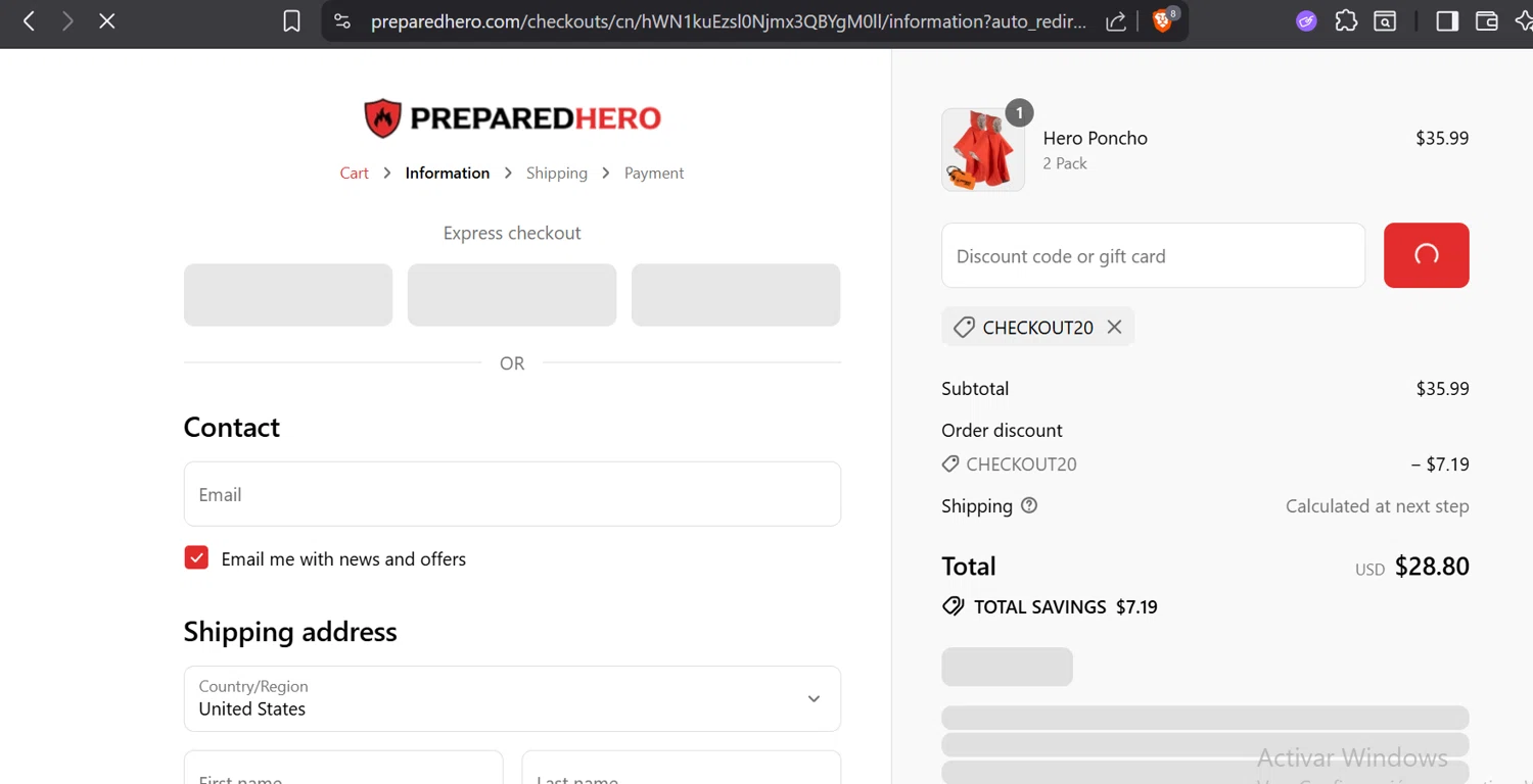 Prepared Hero discount code screenshot showing code checkout20 applied at Prepared Hero checkout page. Uploaded by SimplyCodes community member GloriousTitan3094 on Aug 13, 2025