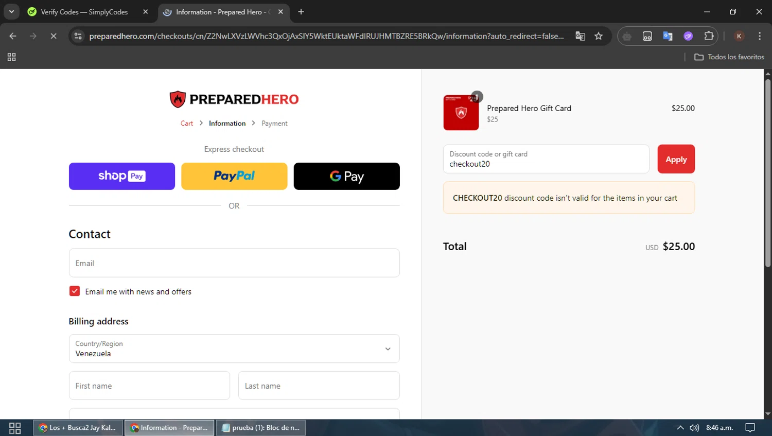 Prepared Hero discount code screenshot showing code checkout20 applied at Prepared Hero checkout page. Uploaded by SimplyCodes community member MoneyPioneer4925 on May 15, 2025