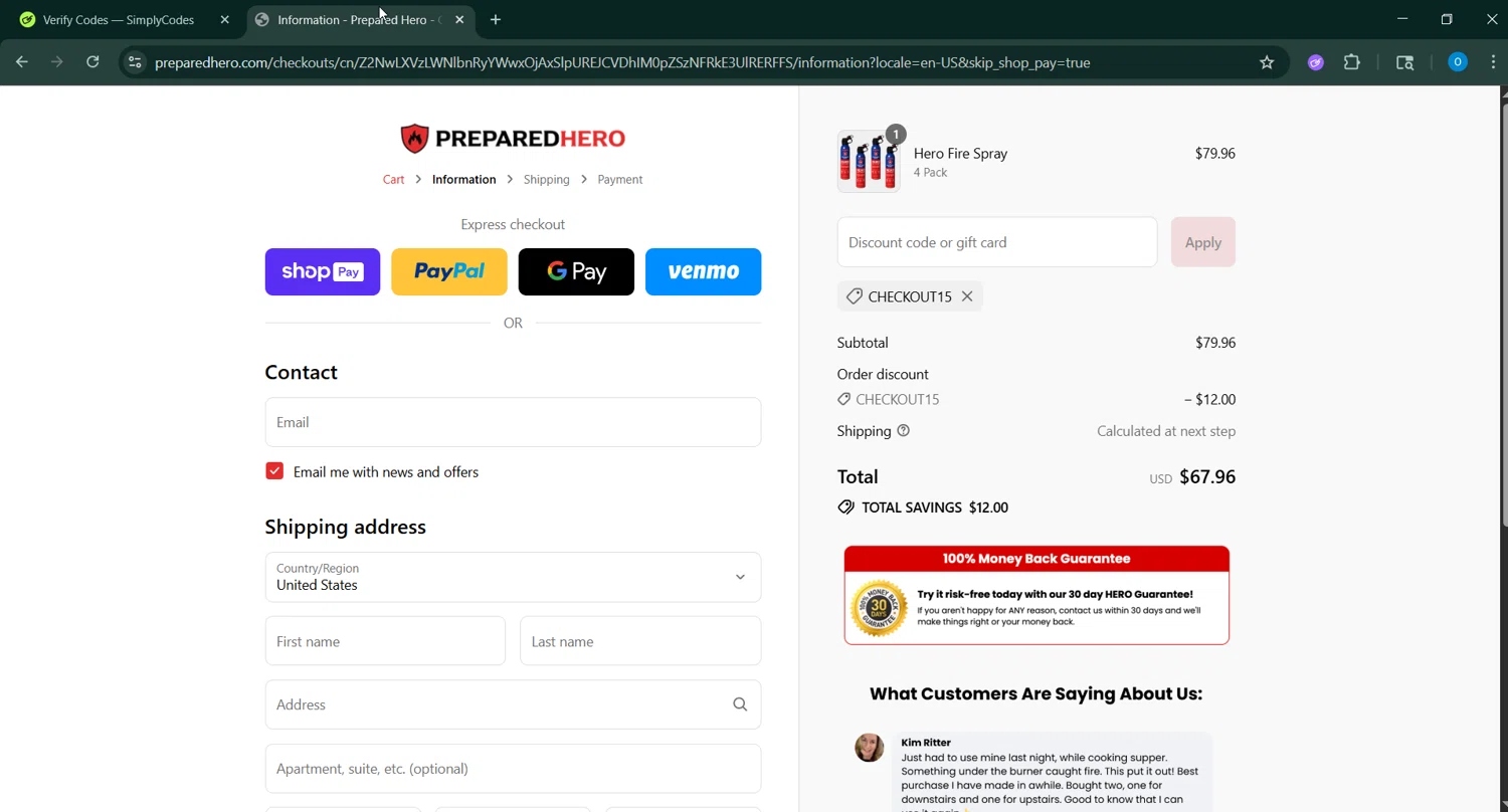 Prepared Hero discount code screenshot showing code CHECKOUT15 applied at Prepared Hero checkout page. Uploaded by SimplyCodes community member GoldAdmiral5202 on Jul 10, 2025