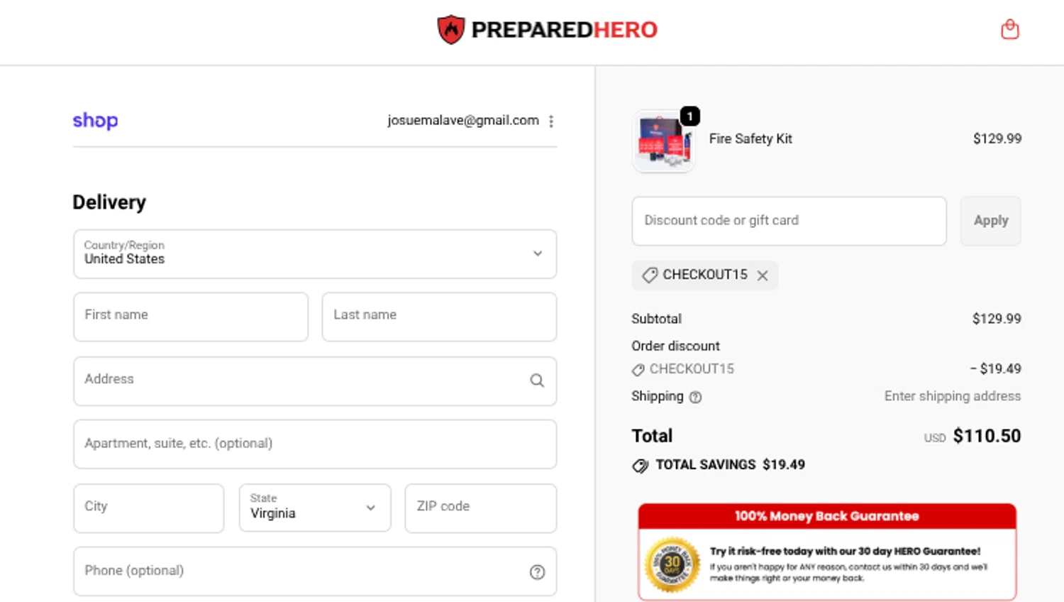 Prepared Hero discount code screenshot showing code CHECKOUT15 applied at Prepared Hero checkout page. Uploaded by SimplyCodes community member Mosue17 on Nov 20, 2025