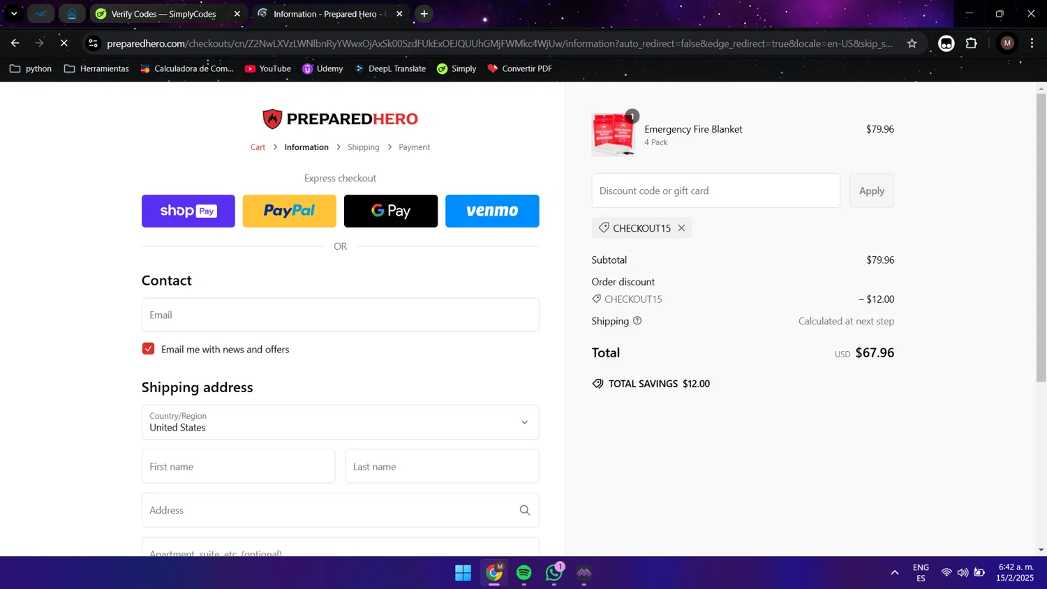 Prepared Hero discount code screenshot showing code CHECKOUT15 applied at Prepared Hero checkout page. Uploaded by SimplyCodes community member Maocar on Feb 15, 2025