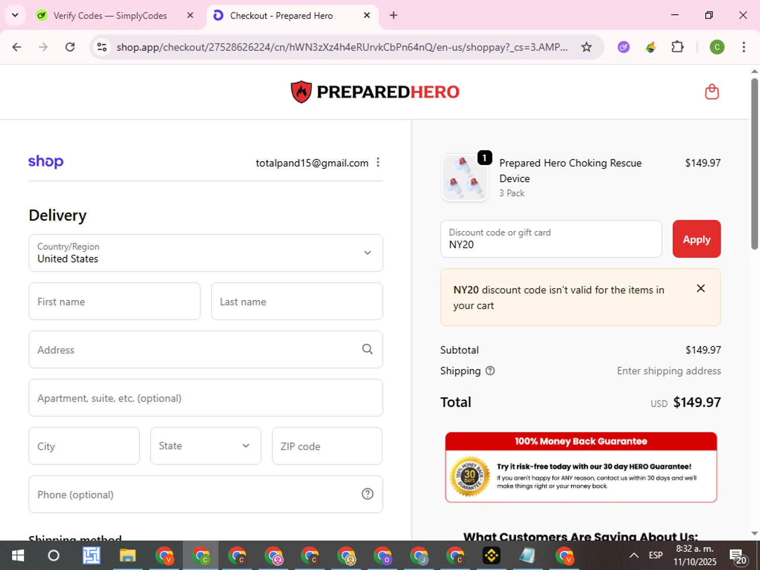 Prepared Hero discount code screenshot showing code NY20 applied at Prepared Hero checkout page. Uploaded by SimplyCodes community member RoyalKnight4673 on Oct 11, 2025