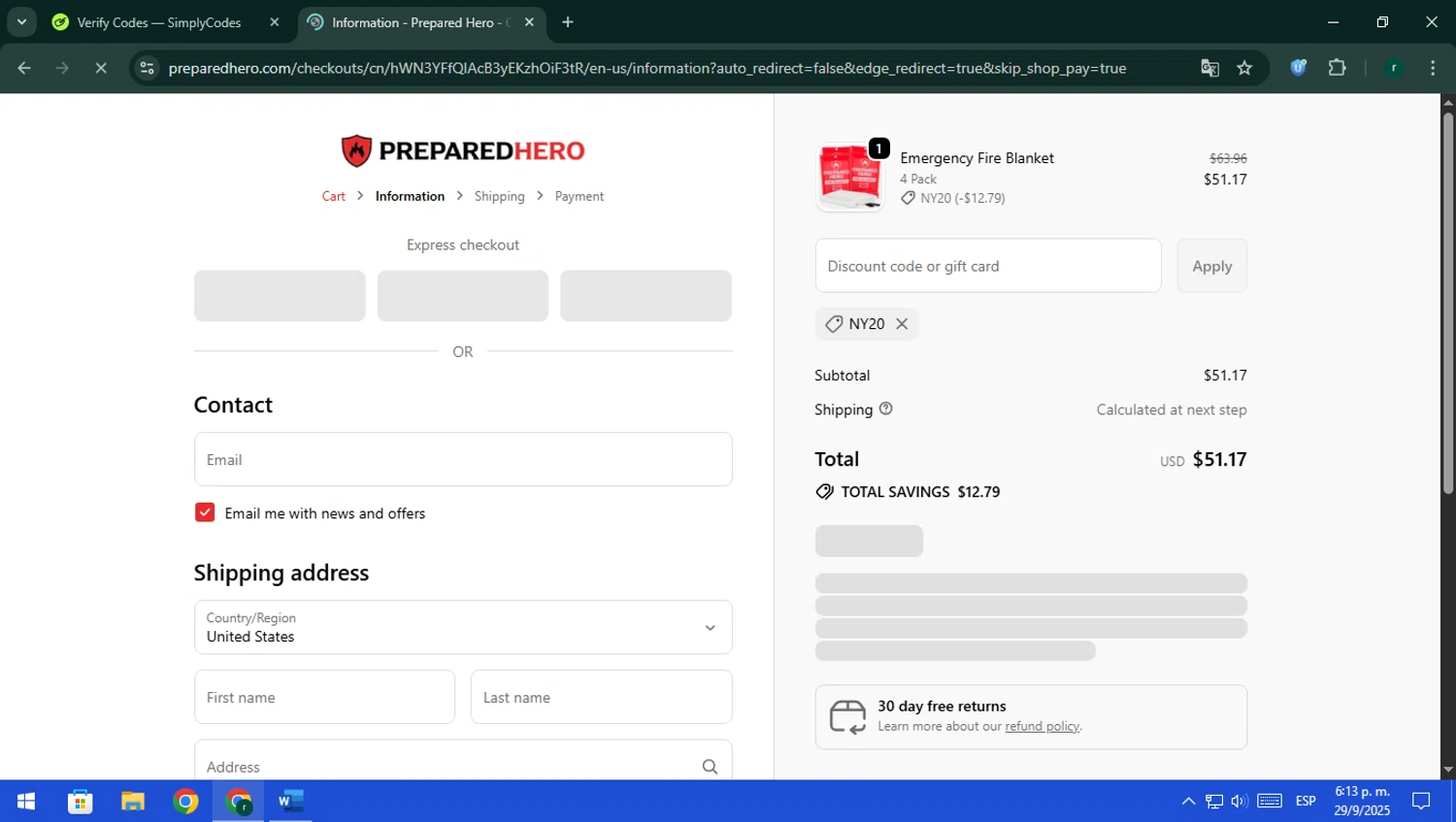 Prepared Hero discount code screenshot showing code NY20 applied at Prepared Hero checkout page. Uploaded by SimplyCodes community member rodri1 on Sep 29, 2025