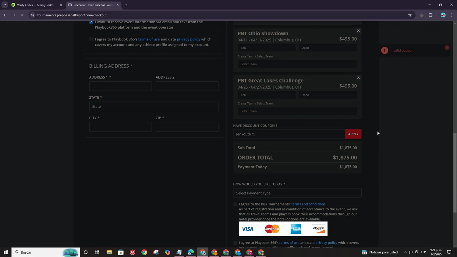 Prep Baseball Report discount code screenshot showing code JenYouth75 applied at Prep Baseball Report checkout page. Uploaded by SimplyCodes community member ShrewdPro8995 on Mar 2, 2025
