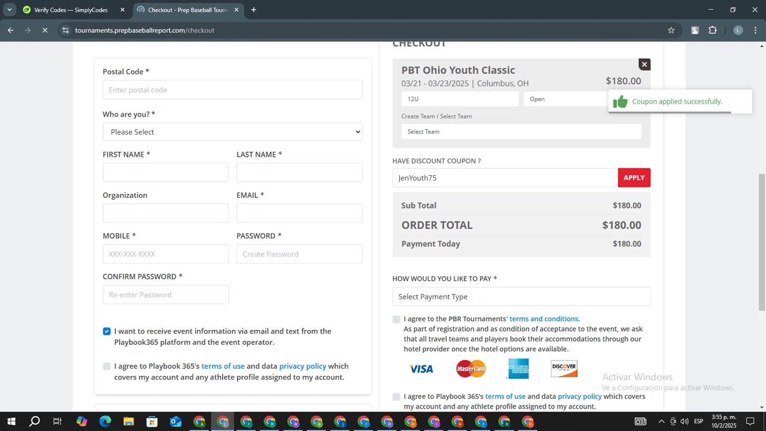 Prep Baseball Report checkout page showing Prep Baseball Report discount code box | Screenshot taken by SimplyCodes community member on Feb 10, 2025