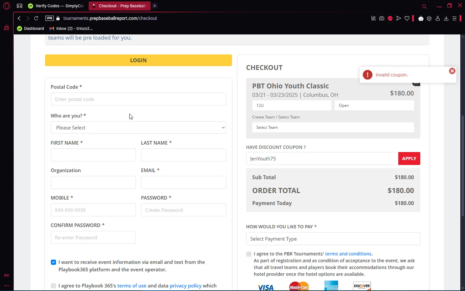 Prep Baseball Report discount code screenshot showing code JenYouth75 applied at Prep Baseball Report checkout page. Uploaded by SimplyCodes community member SaleRanger1 on Mar 2, 2025