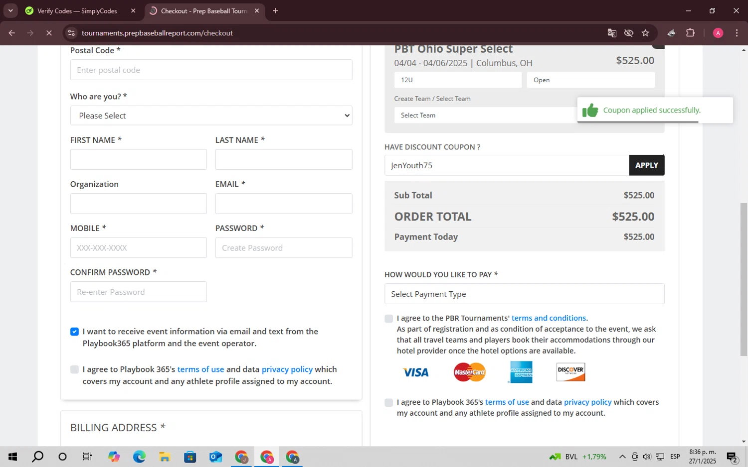 Prep Baseball Report checkout page showing Prep Baseball Report discount code box | Screenshot taken by SimplyCodes community member on Jan 28, 2025