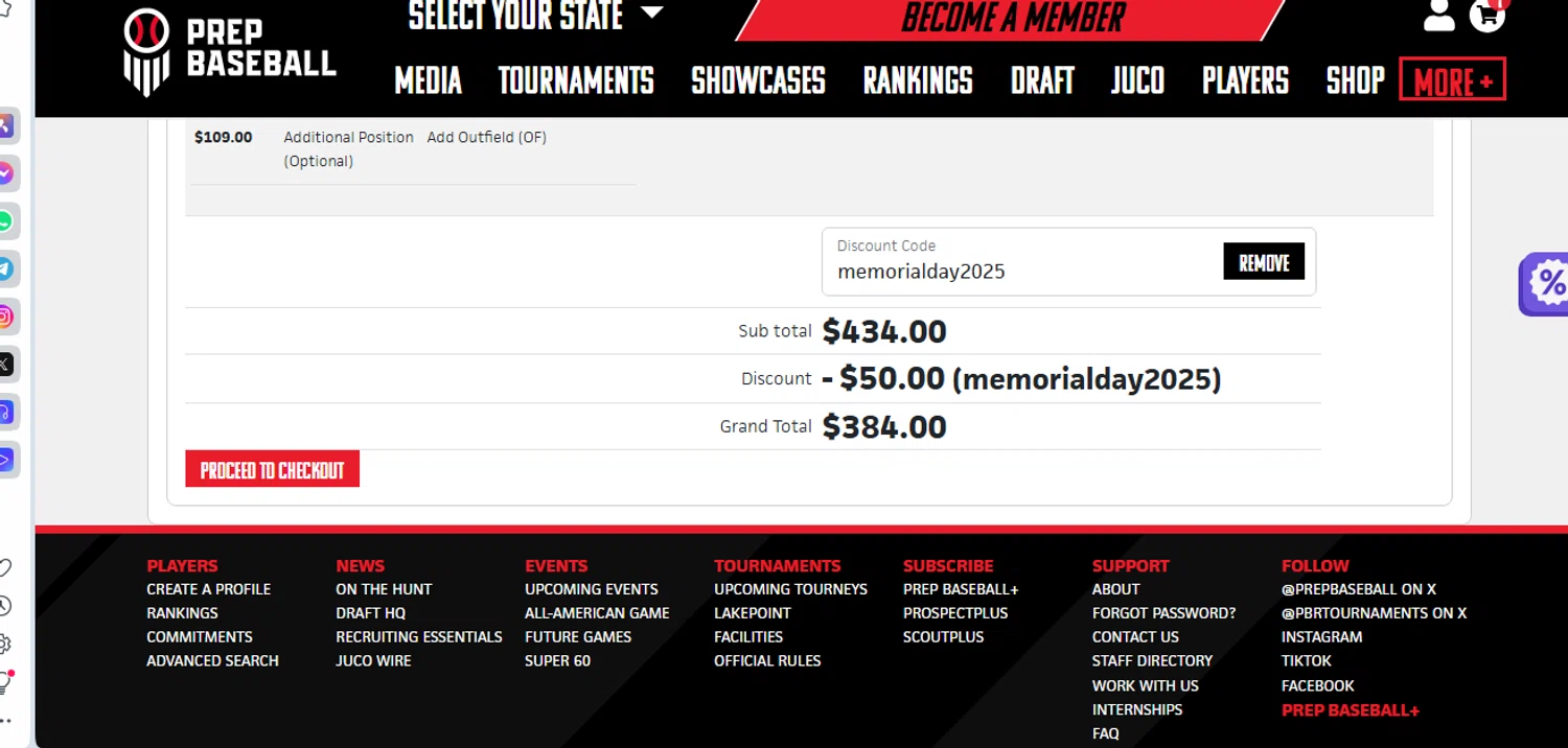 Prep Baseball Report discount code screenshot showing code memorialday2025 applied at Prep Baseball Report checkout page. Uploaded by SimplyCodes community member shark12 on May 24, 2025