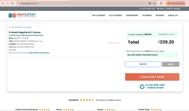Prep Expert checkout page showing Prep Expert discount code box | Screenshot taken by SimplyCodes community member on Aug 25, 2025