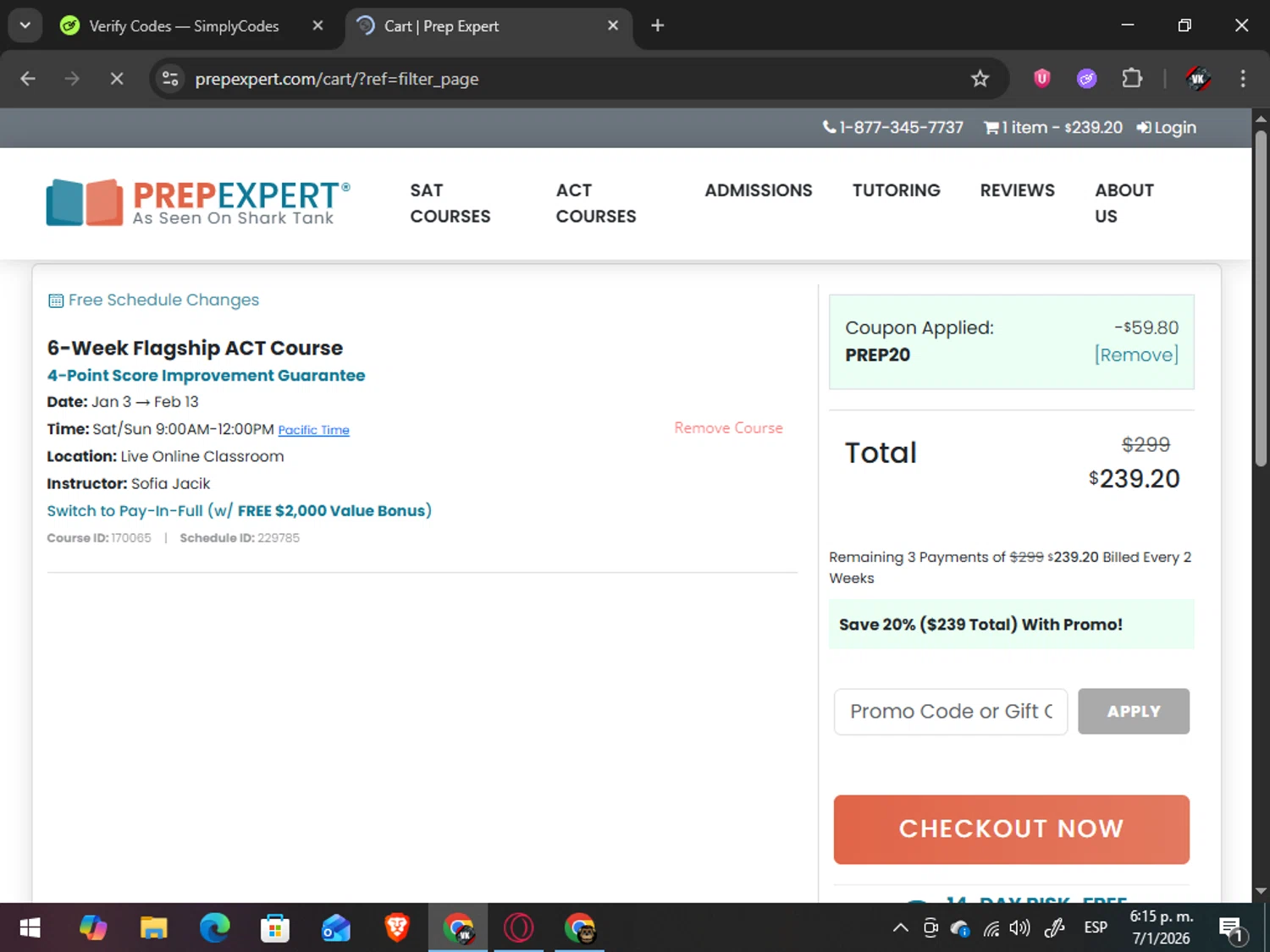 Prep Expert promo code screenshot showing code PREP20 applied at Prep Expert checkout page. Uploaded by SimplyCodes community member TreasureAdmiral6867 on Jan 7, 2026