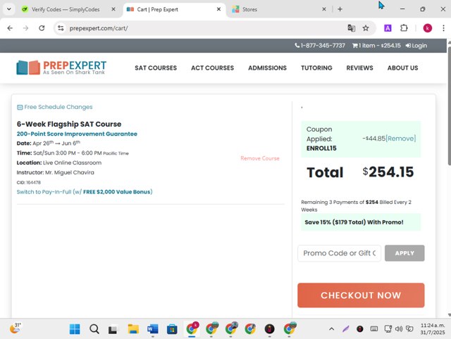 Prep Expert checkout page showing Prep Expert discount code box | Screenshot taken by SimplyCodes community member on Jul 31, 2025