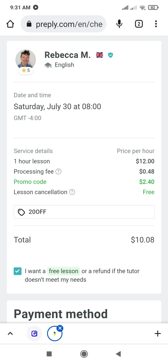 Preply checkout page showing Preply promo code box | Screenshot taken by SimplyCodes community member on Jul 27, 2022