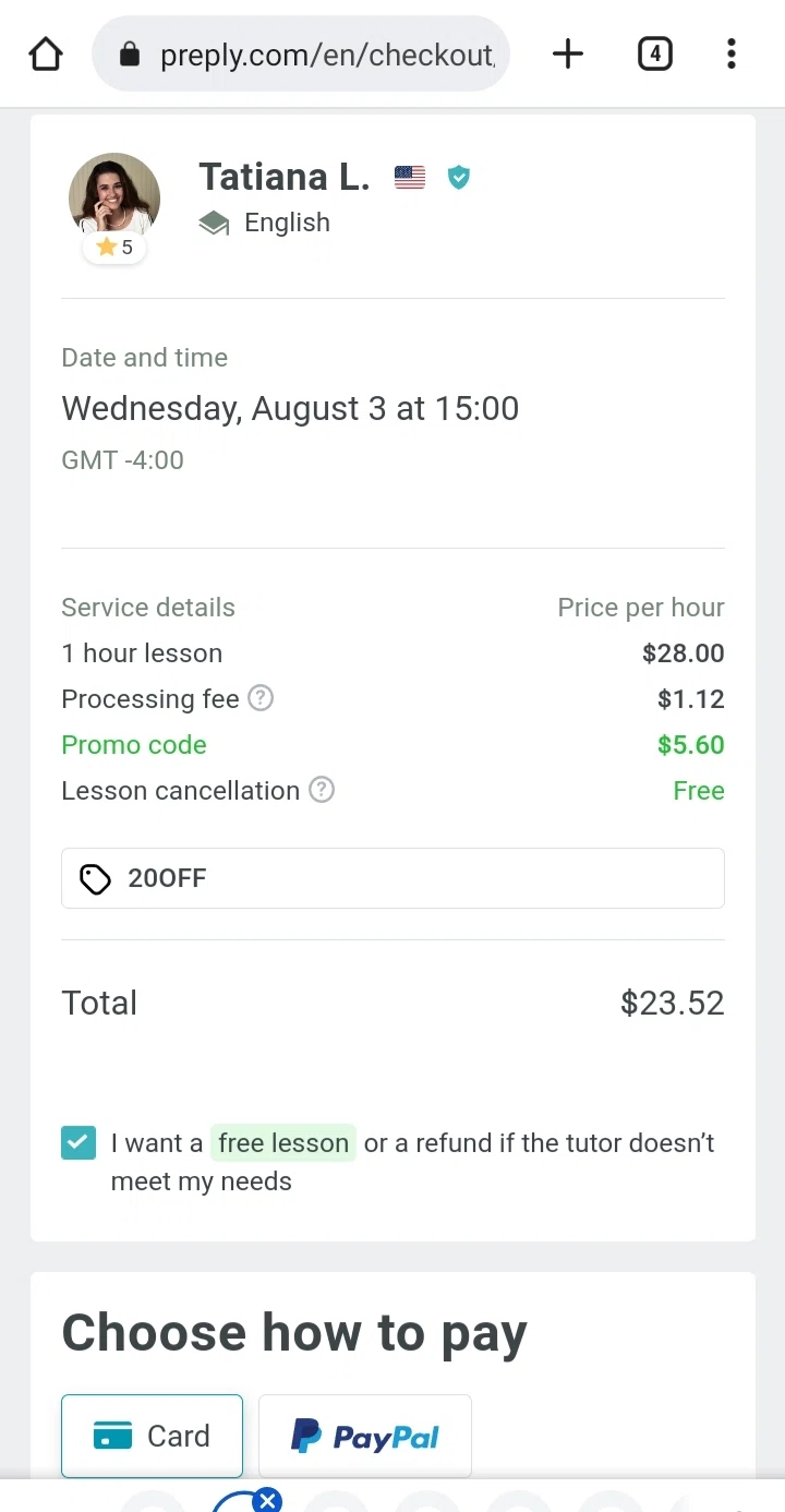 Preply checkout page showing Preply promo code box | Screenshot taken by SimplyCodes community member on Jul 31, 2022