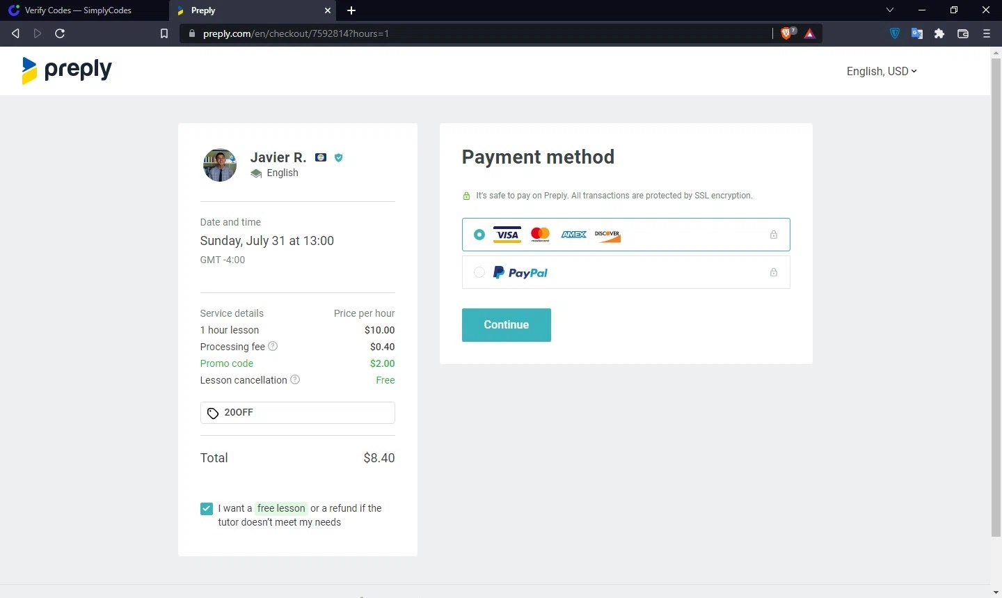 Preply checkout page showing Preply promo code box | Screenshot taken by SimplyCodes community member on Jul 30, 2022