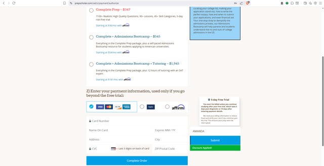 PrepScholar checkout page showing PrepScholar discount code box | Screenshot taken by SimplyCodes community member on Aug 5, 2025