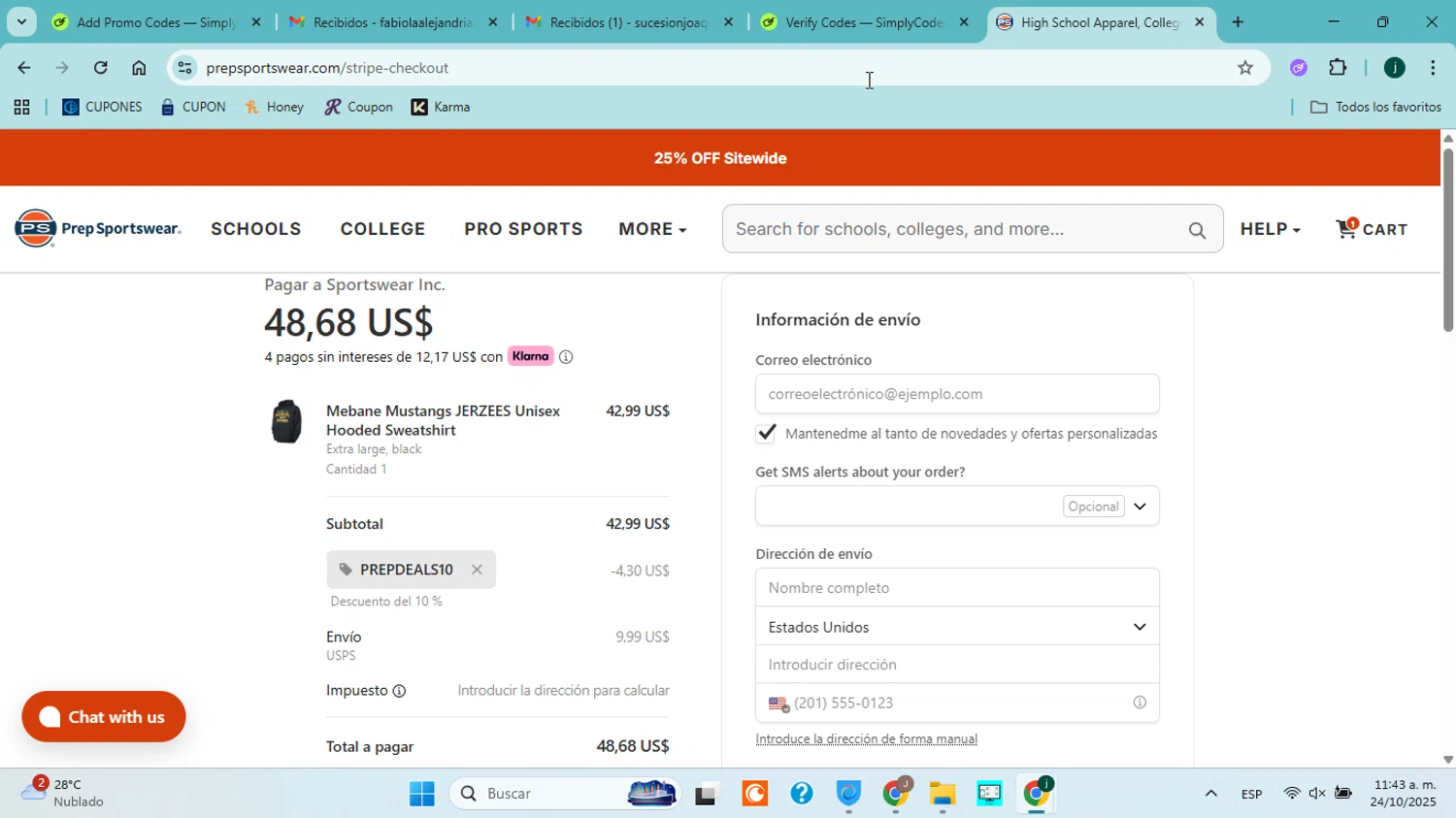 Prep Sportswear promo code screenshot showing code PREPDEALS10 applied at Prep Sportswear checkout page. Uploaded by SimplyCodes community member jorgejavierherrera on Oct 24, 2025