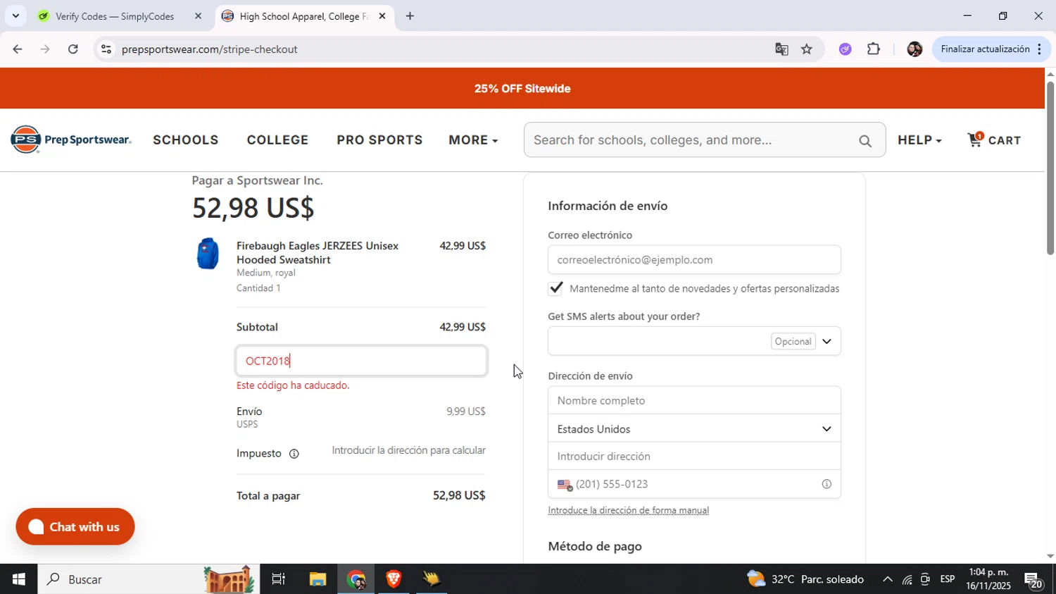 Prep Sportswear promo code screenshot showing code OCT2018 applied at Prep Sportswear checkout page. Uploaded by SimplyCodes community member Junniorduno on Nov 16, 2025