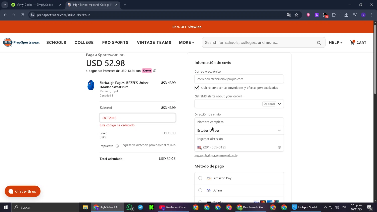 Prep Sportswear promo code screenshot showing code OCT2018 applied at Prep Sportswear checkout page. Uploaded by SimplyCodes community member PromoScout874 on Nov 16, 2025