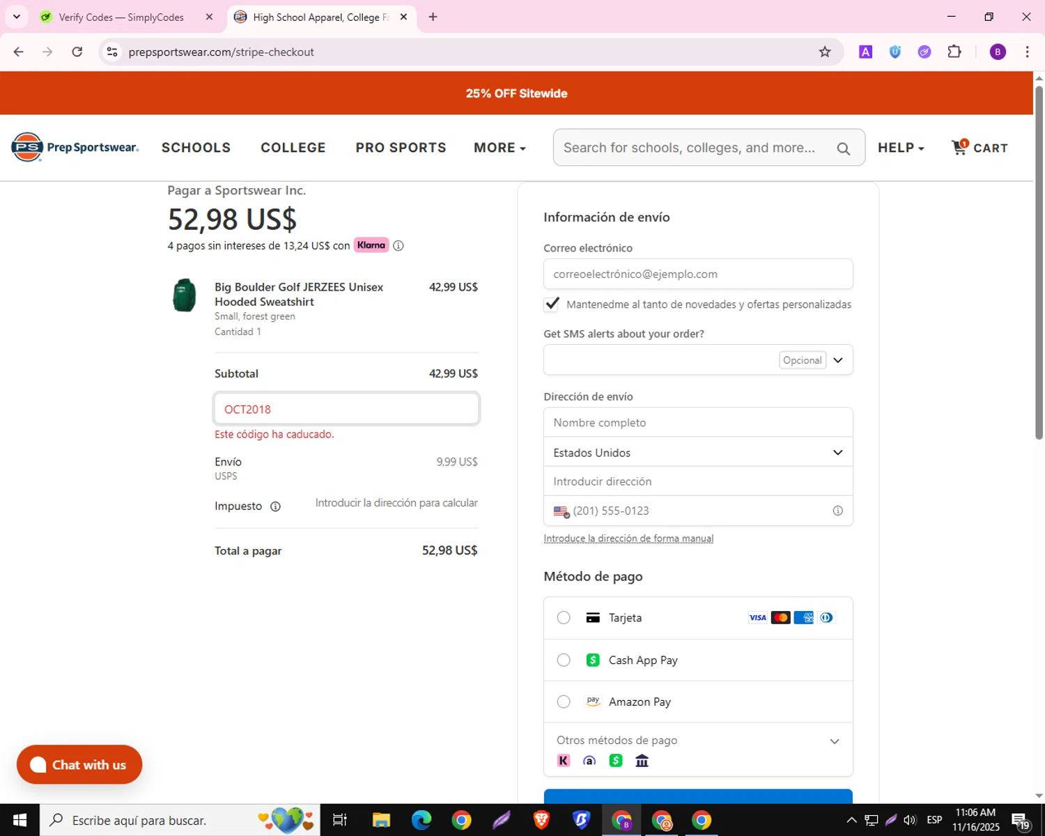 Prep Sportswear promo code screenshot showing code OCT2018 applied at Prep Sportswear checkout page. Uploaded by SimplyCodes community member RebateAdmiral6687 on Nov 16, 2025