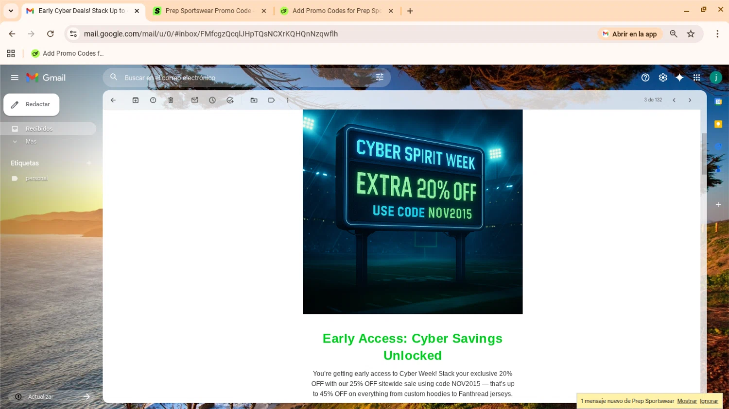 Prep Sportswear promo code screenshot showing code NOV2015 applied at Prep Sportswear checkout page. Uploaded by SimplyCodes community member yennifergonzalez on Nov 15, 2025