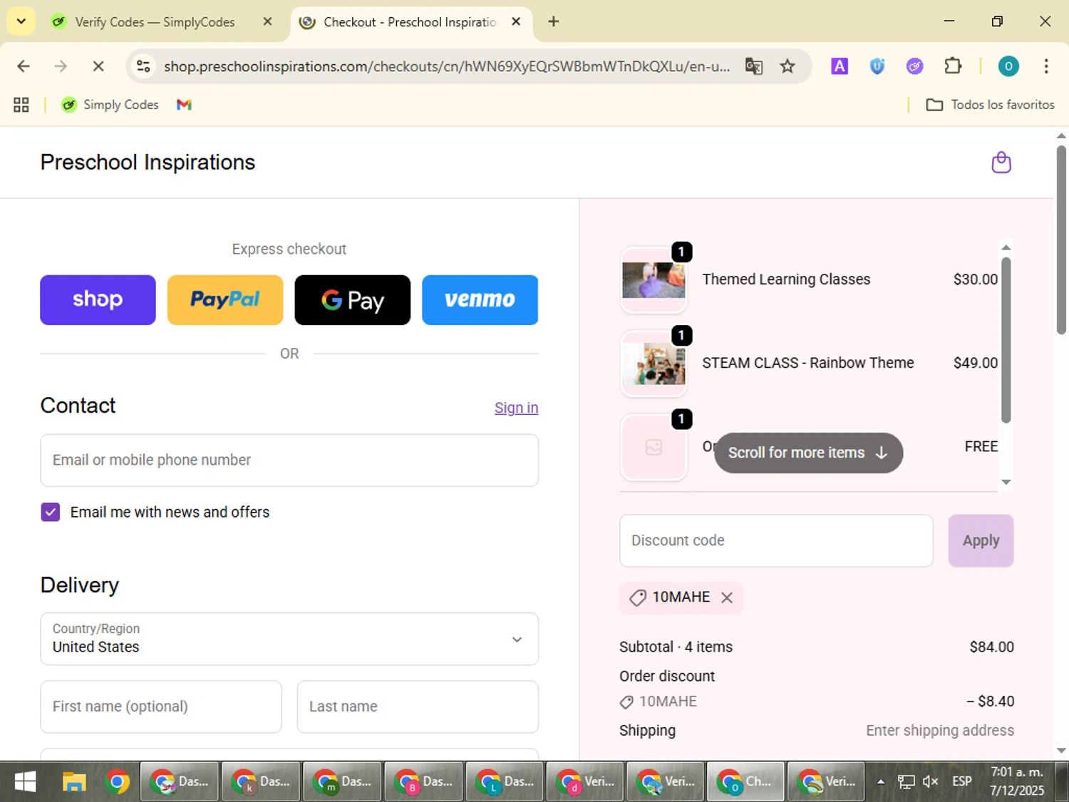 Preschool Inspirations promo code screenshot showing code 10MAHE applied at Preschool Inspirations checkout page. Uploaded by SimplyCodes community member BudgetSeeker9524 on Dec 7, 2025
