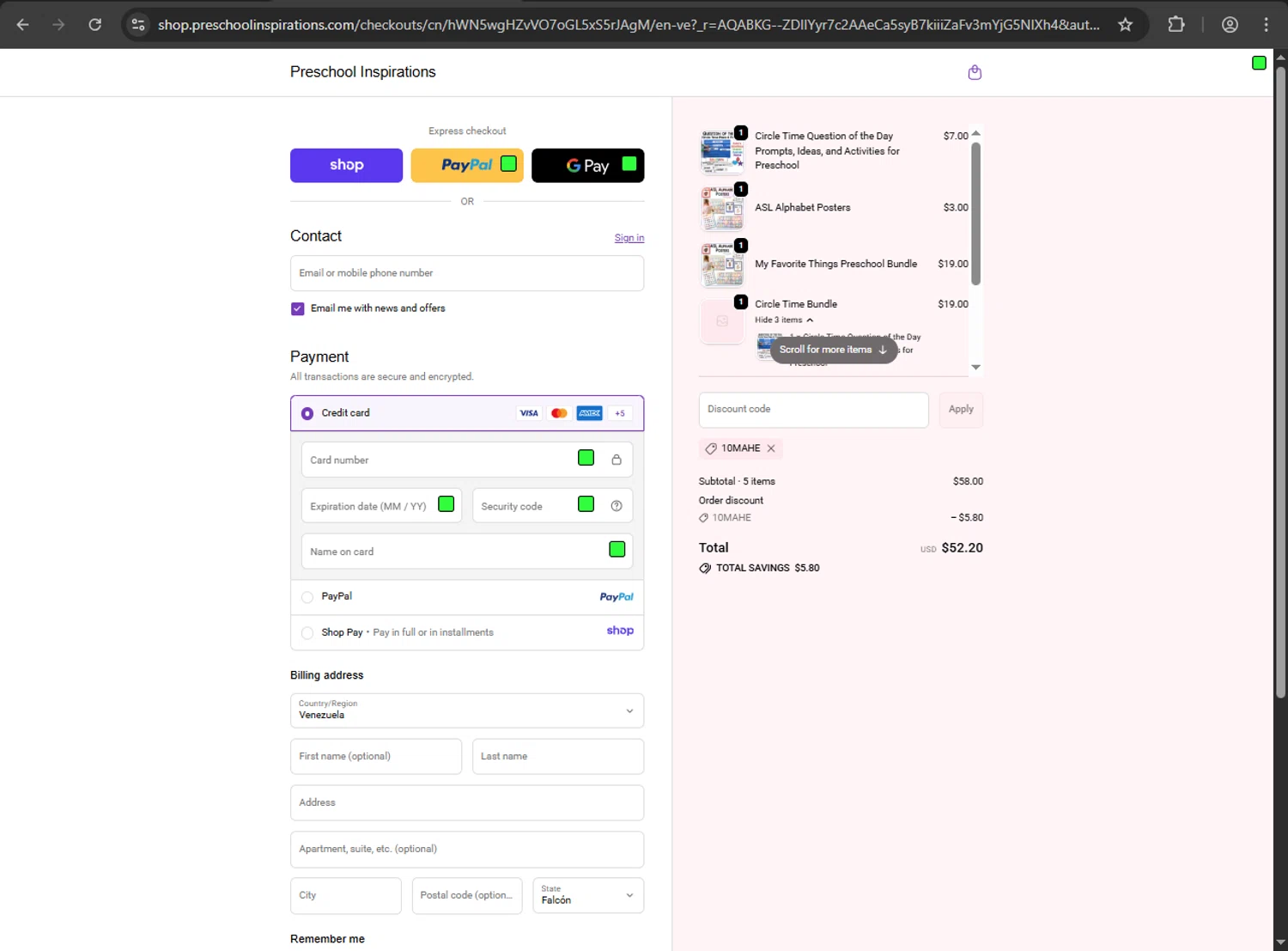 Preschool Inspirations promo code screenshot showing code 10MAHE applied at Preschool Inspirations checkout page. Uploaded by SimplyCodes community member megagei on Dec 1, 2025