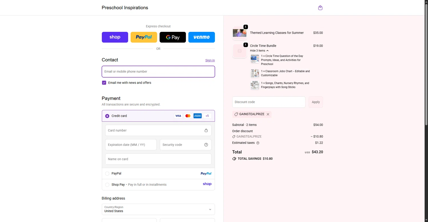 Preschool Inspirations promo code screenshot showing code gainstealprize applied at Preschool Inspirations checkout page. Uploaded by SimplyCodes community member MightyMaestro356 on Nov 16, 2025