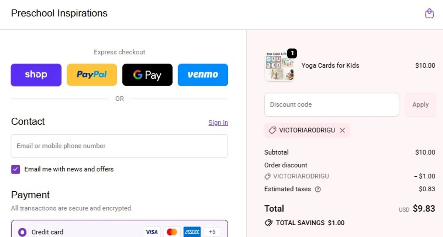 Preschool Inspirations promo code screenshot showing code VICTORIARODRIGU applied at Preschool Inspirations checkout page. Uploaded by SimplyCodes community member mandrakke on Feb 12, 2026