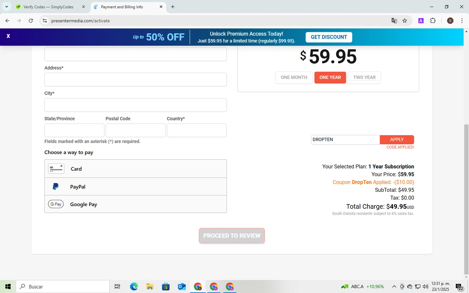 PresenterMedia promo code screenshot showing code DROPTEN applied at PresenterMedia checkout page. Uploaded by SimplyCodes community member QuestPhoenix2794 on Jan 23, 2025