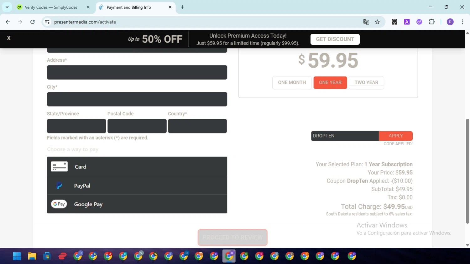 PresenterMedia promo code screenshot showing code DROPTEN applied at PresenterMedia checkout page. Uploaded by SimplyCodes community member SavingsGuardian5156 on Jun 30, 2025