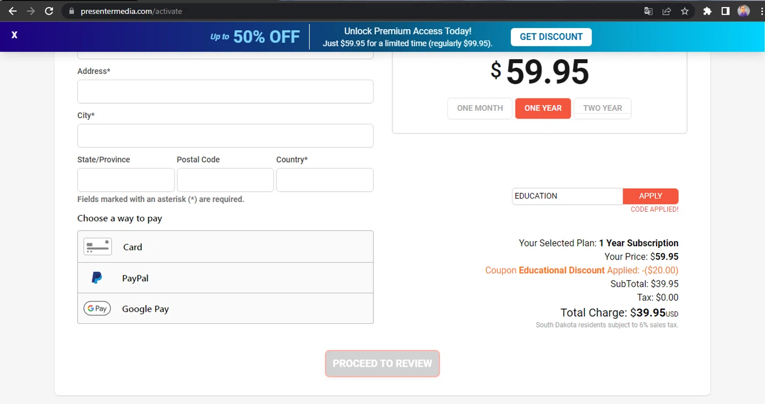 PresenterMedia checkout page showing PresenterMedia promo code box | Screenshot taken by SimplyCodes community member on Feb 26, 2025