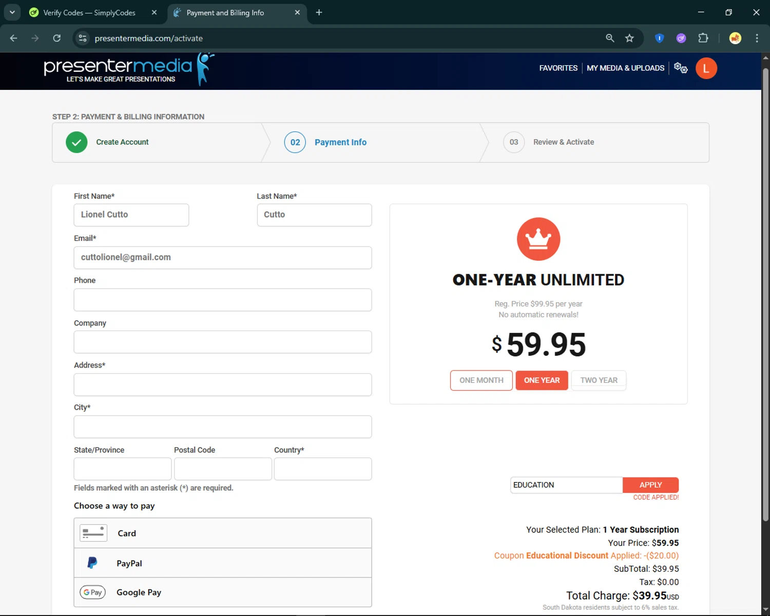 PresenterMedia promo code screenshot showing code EDUCATION applied at PresenterMedia checkout page. Uploaded by SimplyCodes community member SmartFinder4193 on Jun 30, 2025