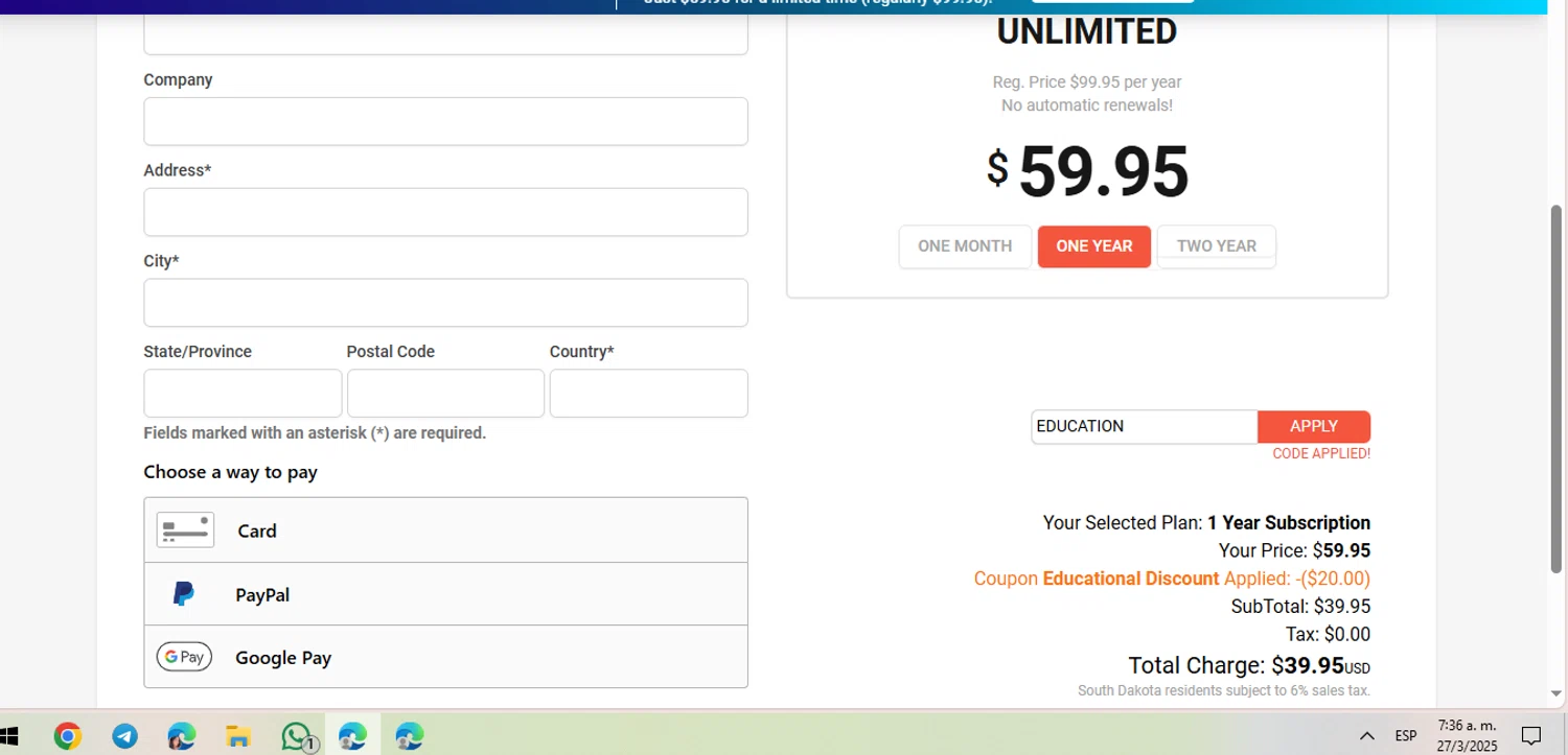 PresenterMedia checkout page showing PresenterMedia promo code box | Screenshot taken by SimplyCodes community member on Mar 27, 2025