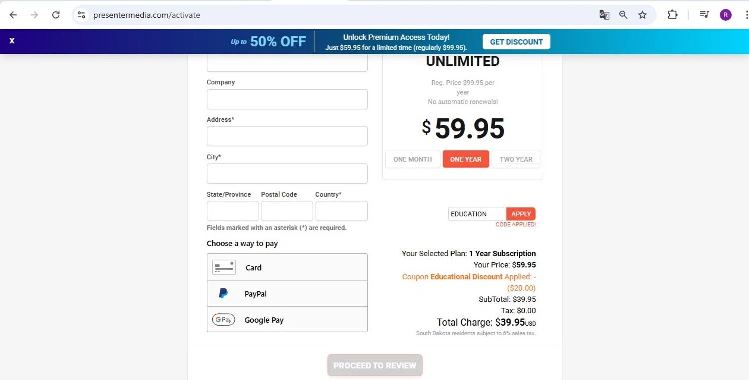 PresenterMedia checkout page showing PresenterMedia promo code box | Screenshot taken by SimplyCodes community member on Jan 28, 2025