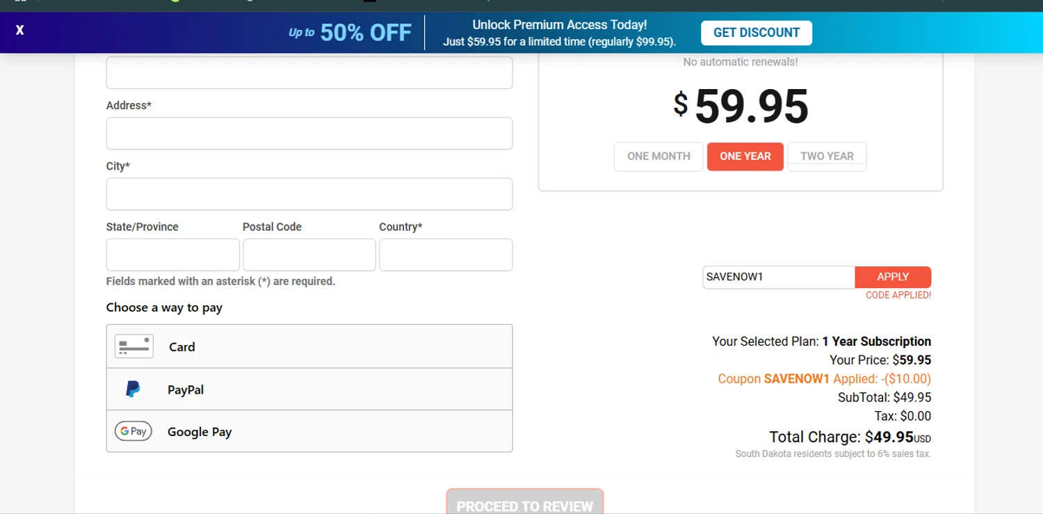 PresenterMedia checkout page showing PresenterMedia promo code box | Screenshot taken by SimplyCodes community member on Jan 24, 2025