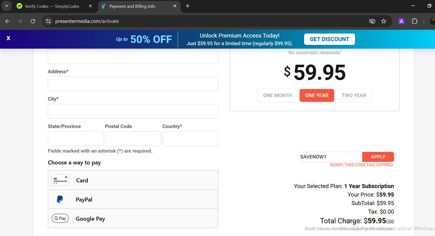 PresenterMedia promo code screenshot showing code SAVENOW1 applied at PresenterMedia checkout page. Uploaded by SimplyCodes community member GloriousTitan3094 on Feb 22, 2025