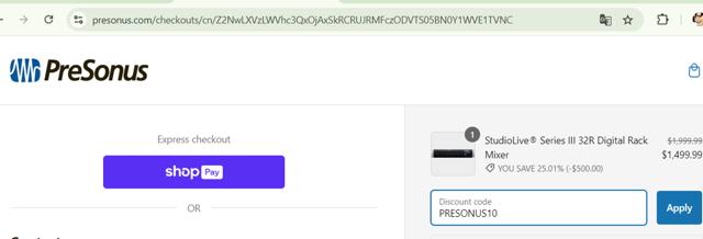 PreSonus checkout page showing PreSonus promo code box | Screenshot taken by SimplyCodes community member on Nov 23, 2024