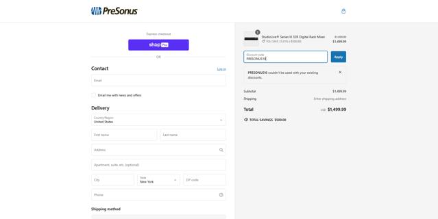 PreSonus checkout page showing PreSonus promo code box | Screenshot taken by SimplyCodes community member on Nov 11, 2024