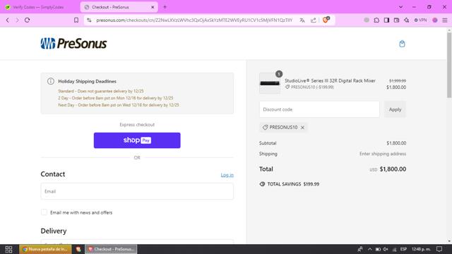 PreSonus checkout page showing PreSonus promo code box | Screenshot taken by SimplyCodes community member on Dec 14, 2024