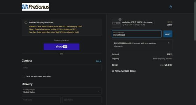 PreSonus checkout page showing PreSonus promo code box | Screenshot taken by SimplyCodes community member on Dec 10, 2024