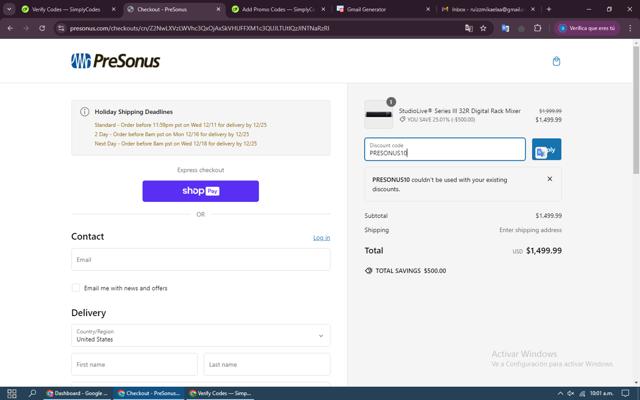 PreSonus checkout page showing PreSonus promo code box | Screenshot taken by SimplyCodes community member on Dec 7, 2024