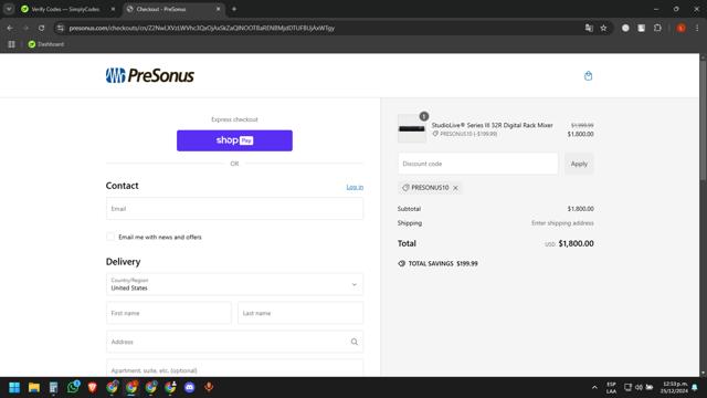 PreSonus checkout page showing PreSonus promo code box | Screenshot taken by SimplyCodes community member on Dec 25, 2024