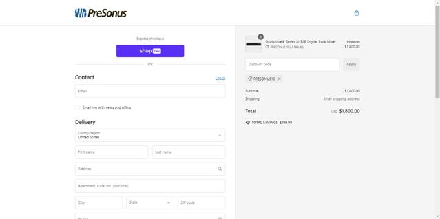 PreSonus checkout page showing PreSonus promo code box | Screenshot taken by SimplyCodes community member on Jan 1, 2025
